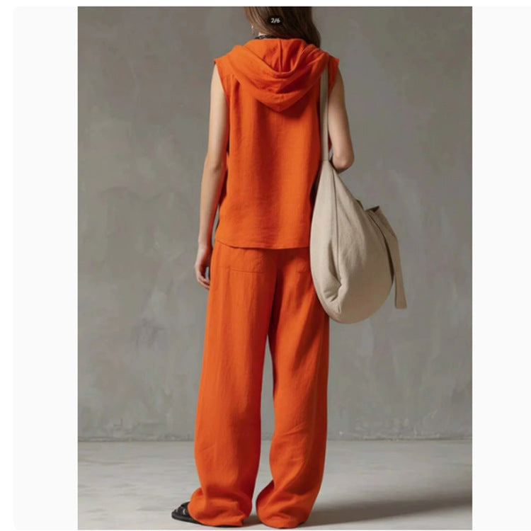 Sleeveless Hooded Top & Wide-Leg Pants Set | High-Waist Two-Piece FitiqueFit