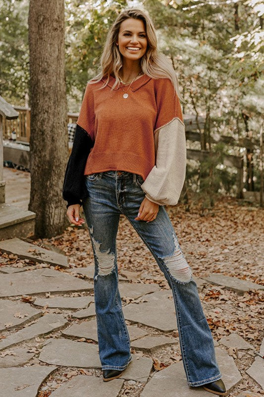 Colorblock Raw Edge Bubble Sleeve V-Neck Sweater Shop Style & More | Fresh Looks, Everyday Deals & Free Shipping