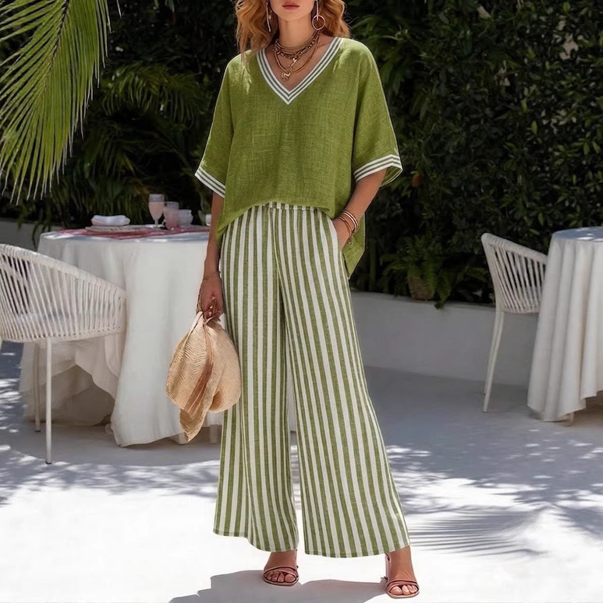 Women's Striped Tunic Top & Casual Trousers Two-Piece Set FitiqueFit