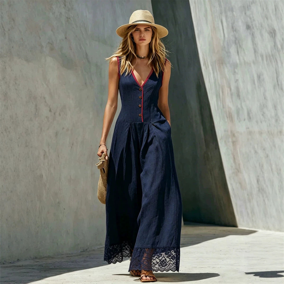 Women's Lace-Spliced Jumpsuit with Pockets – Sleeveless, High Waist, Straight Leg FitiqueFit