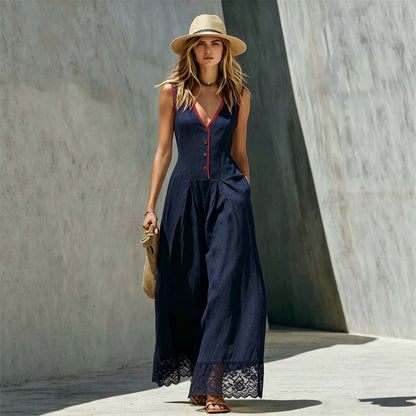 Women's Lace-Spliced Jumpsuit with Pockets – Sleeveless, High Waist, Straight Leg FitiqueFit