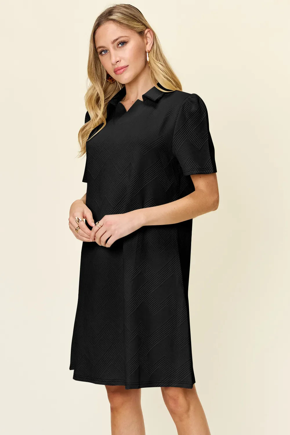 Double Take Full Size Texture Collared Neck Short Sleeve Dress West2East Surf