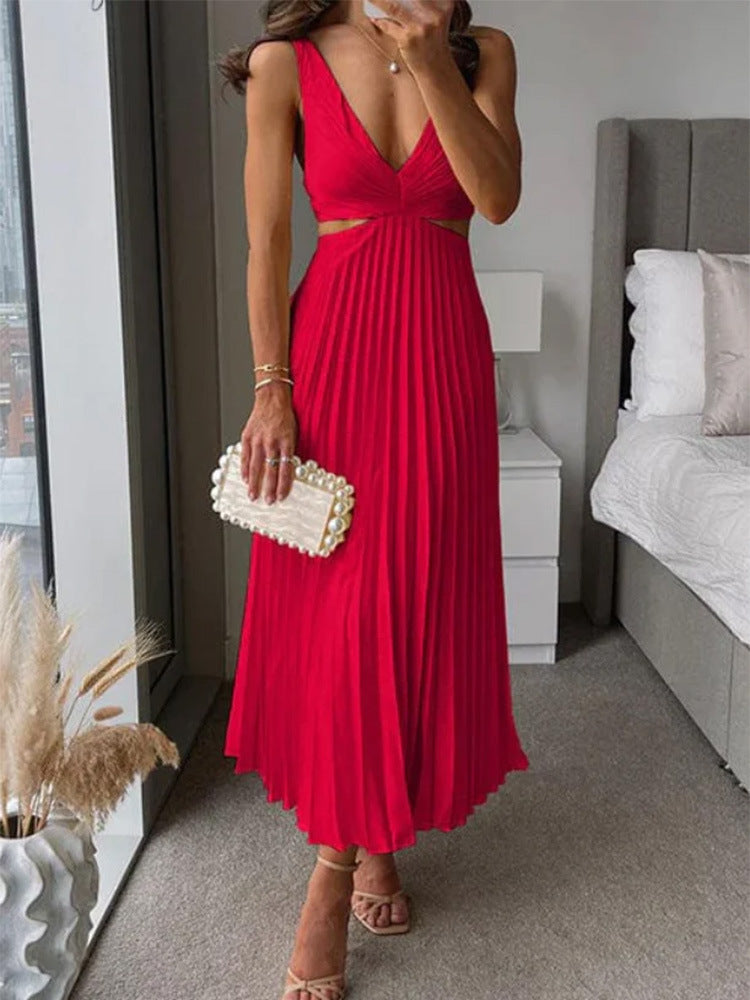 Ins Suspender Pleated Long Dress With Hollow-waisted Design Fashion V-neck Backless Dresses Summer Women's Clothing Grayceful LLC
