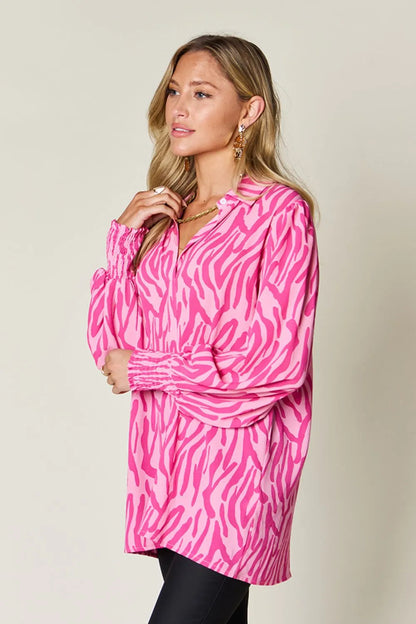 Double Take Full Size Printed Smocked Long Sleeve Blouse Plus Size New Era Fashion LLc