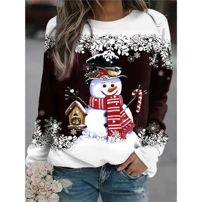 Snowman Printed Panel Loose Sweater – Casual Holiday Knit for Women FitiqueFit