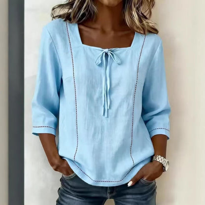 Printed Lace-Up Square-Neck Shirt – Three-Quarter Sleeve, Ramie FitiqueFit