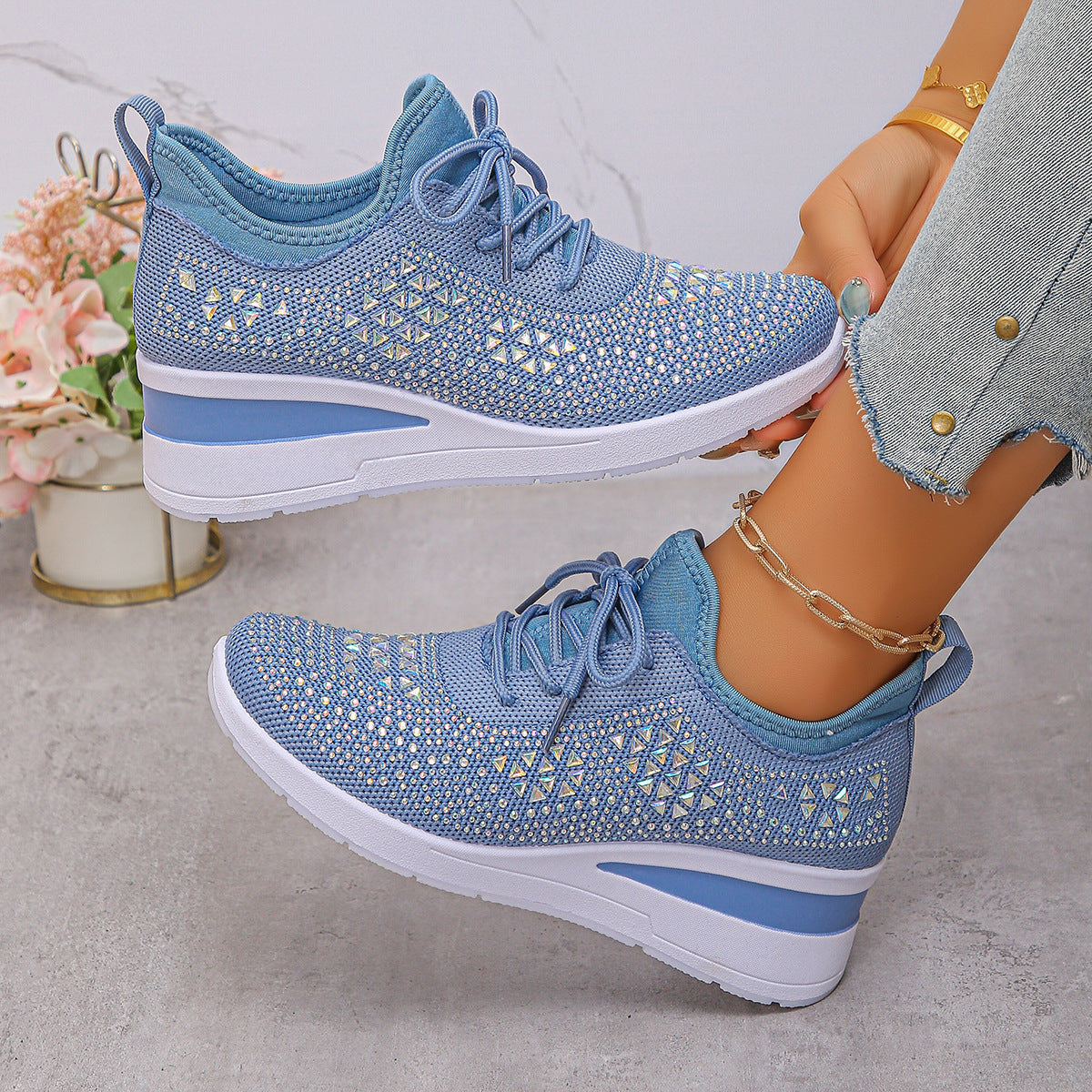 Ins Rhinestone Sneakers Fashion Lace Up Wedges Casual Shoes Women's Daily Commuting Sports Shoes See size chart under “more details” The Fashion Celestial