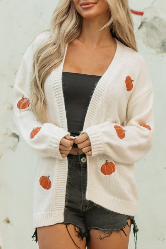 Pumpkin Embroidered Open Front Drop Shoulder Cardi Shop Style & More | Fresh Looks, Everyday Deals & Free Shipping
