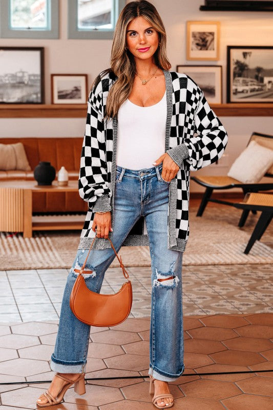 Checker Open Front Drop Shoulder Cardigan Shop Style & More | Fresh Looks, Everyday Deals & Free Shipping