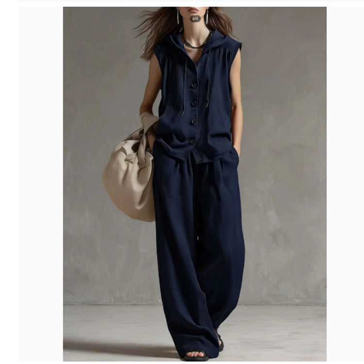 Sleeveless Hooded Top & Wide-Leg Pants Set | High-Waist Two-Piece FitiqueFit