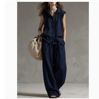 Sleeveless Hooded Top & Wide-Leg Pants Set | High-Waist Two-Piece FitiqueFit