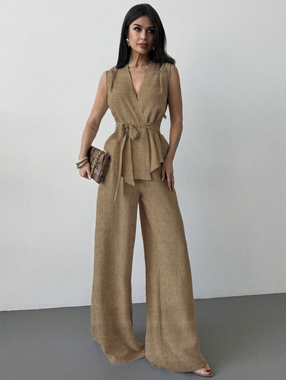 Women's Lace-Up V-Neck Vest & Pants Two-Piece Set – Elegant Commuter FitiqueFit