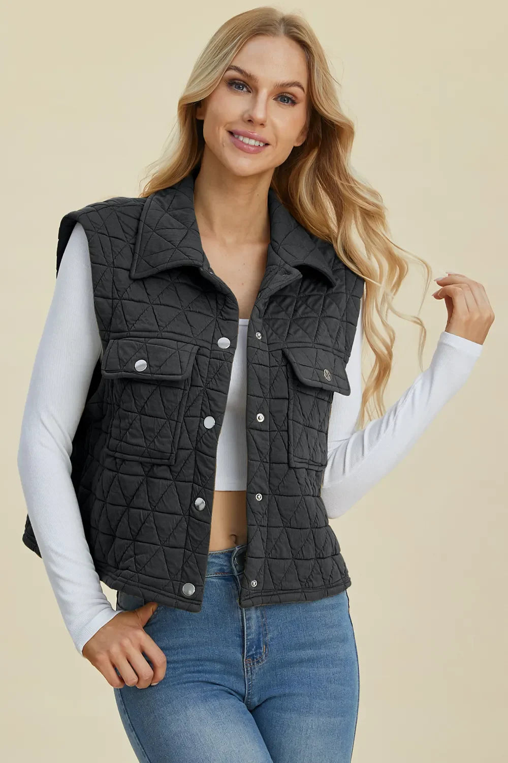 Double Take Full Size Pocketed Texture Snap Down Vest Coat New Era Fashion LLc