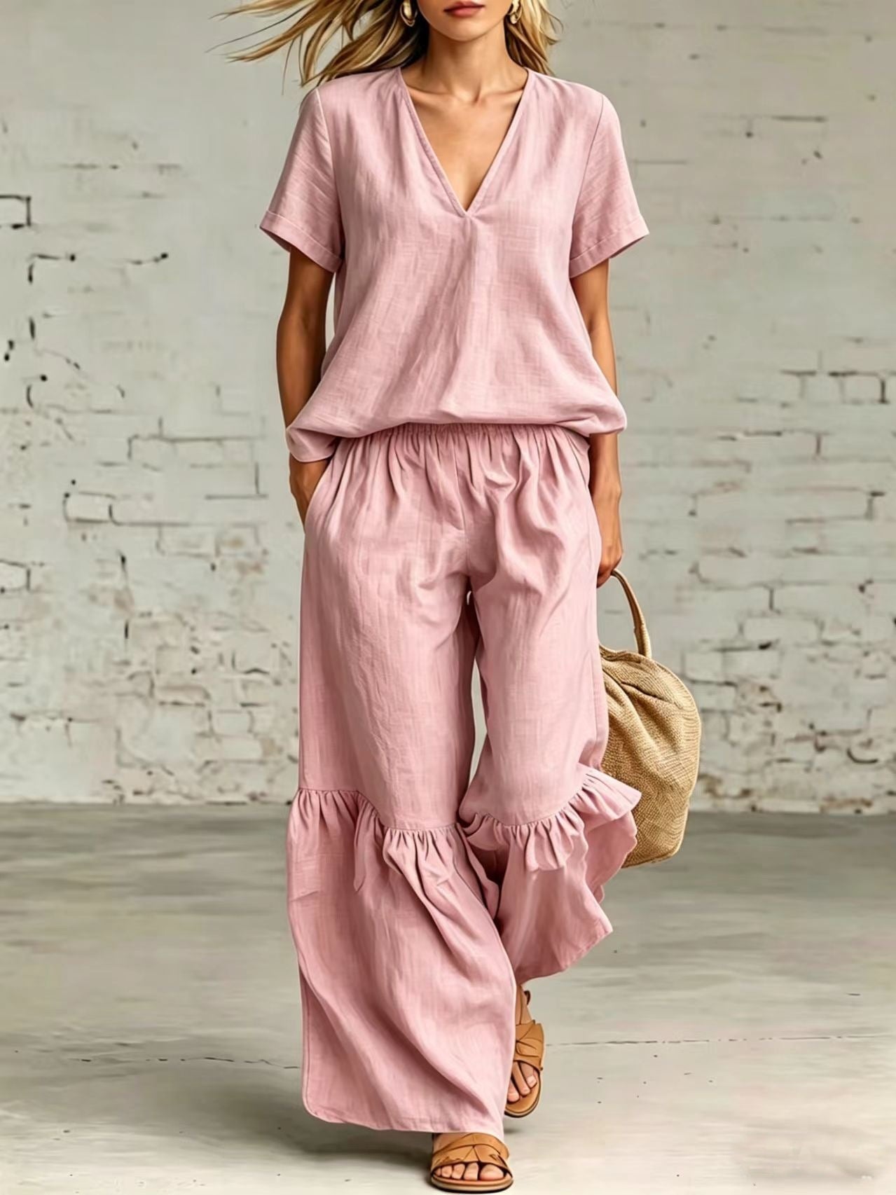 V-Neck Loose Short-Sleeve Top & Pants Set – 7 Colors, S–5XL FitiqueFit