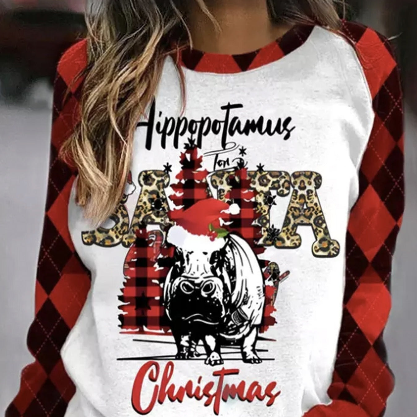 Women’s Hippopotamus Christmas Leopard-Plaid Hoodie FitiqueFit