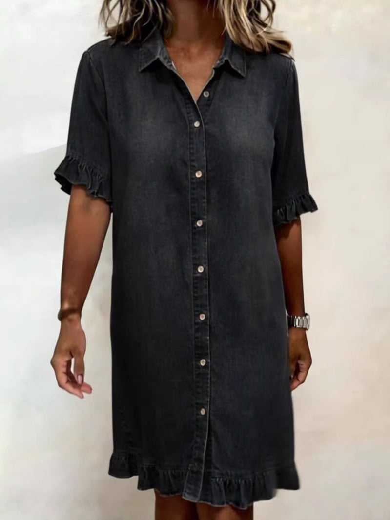 Women's Faux Denim Ruffle-Sleeve Shirt Dress FitiqueFit