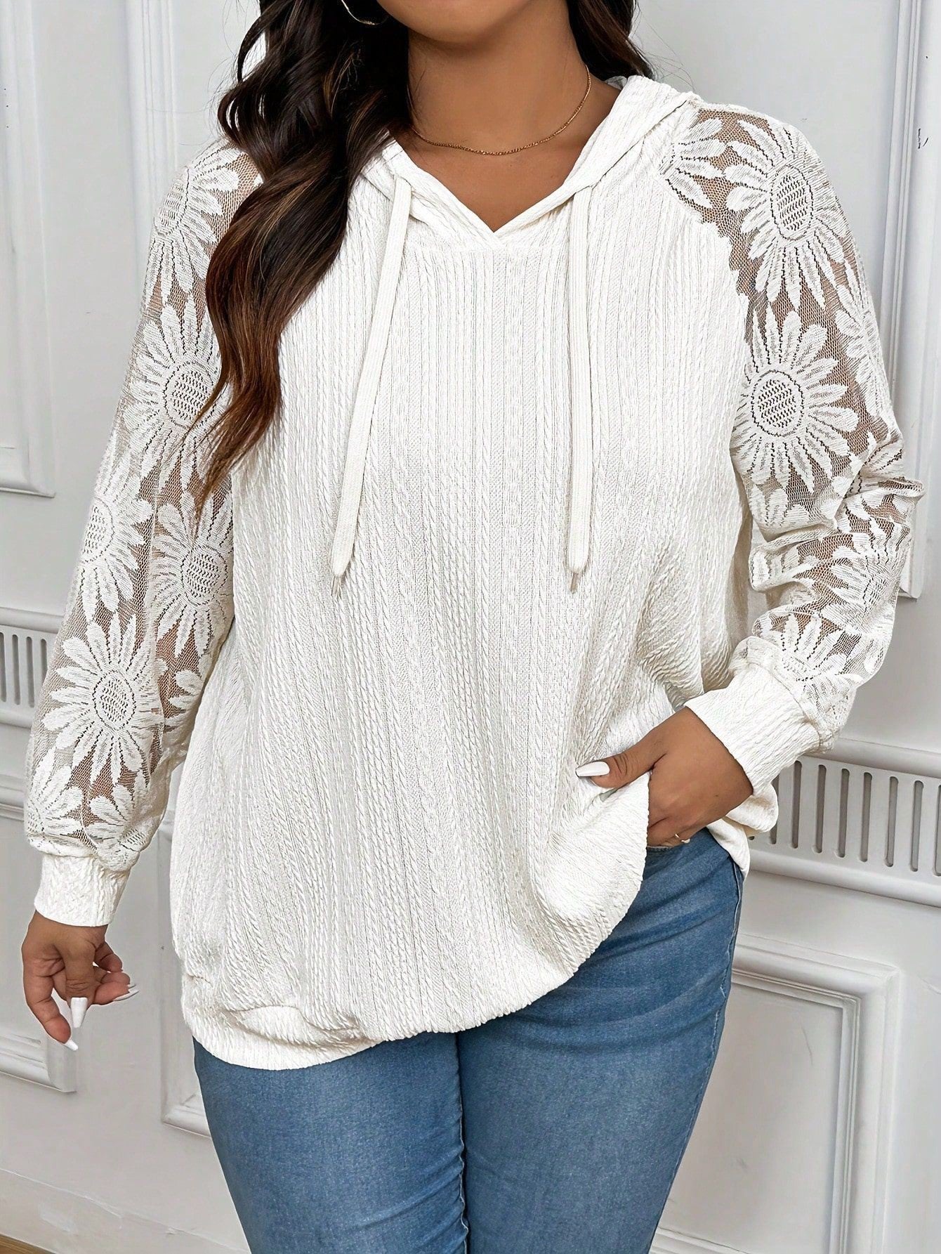 Women's Round-Neck Hollow-Out Lace Paneling Long Sleeve Pullover – White FitiqueFit