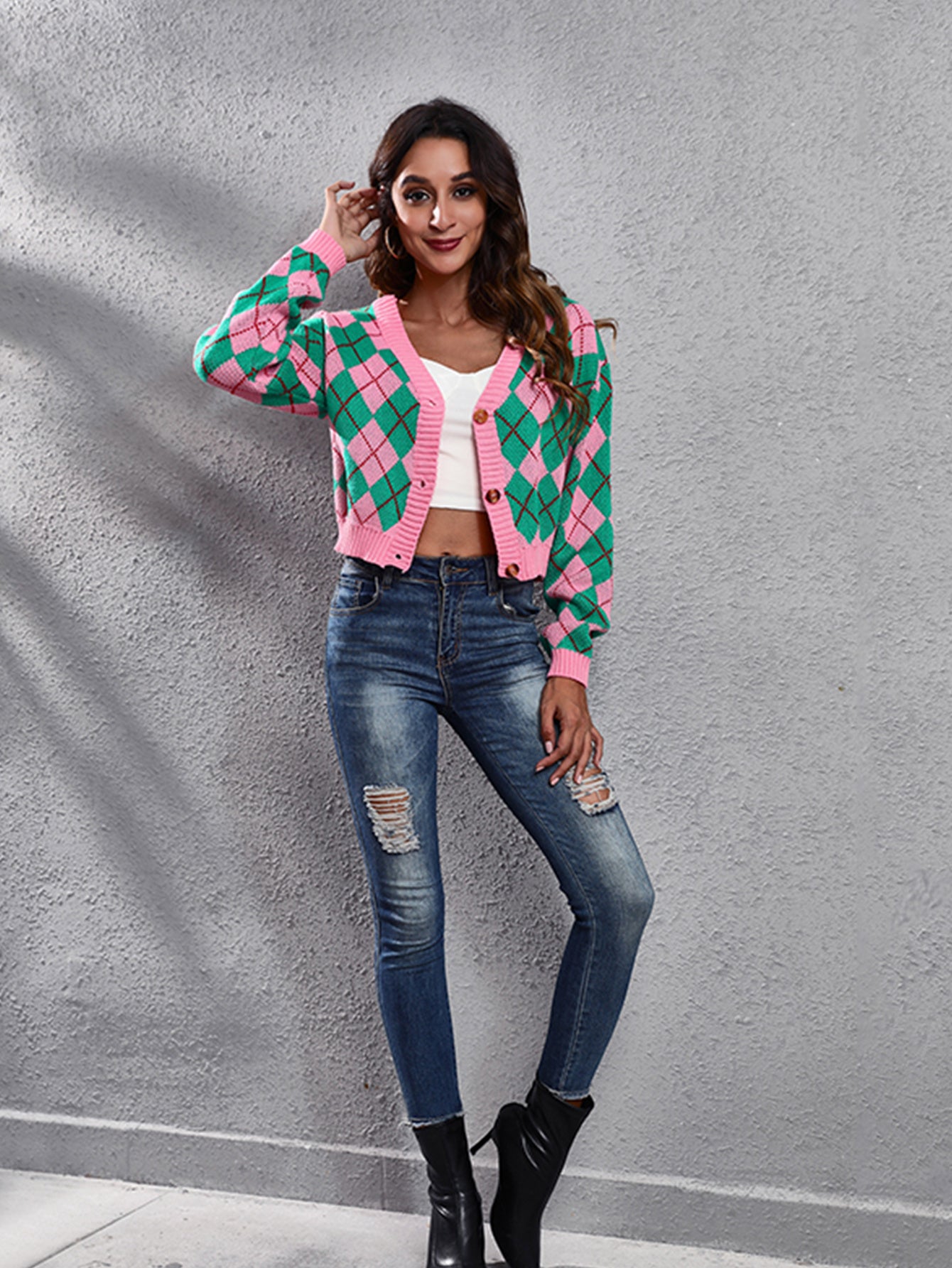 Women'S Elegant Tartan Knit Cardigan, V-Neck Short Length Sweater with Button Detail, Acrylic 100% Long Sleeve Knitwear for Fall/Winter NovaCart