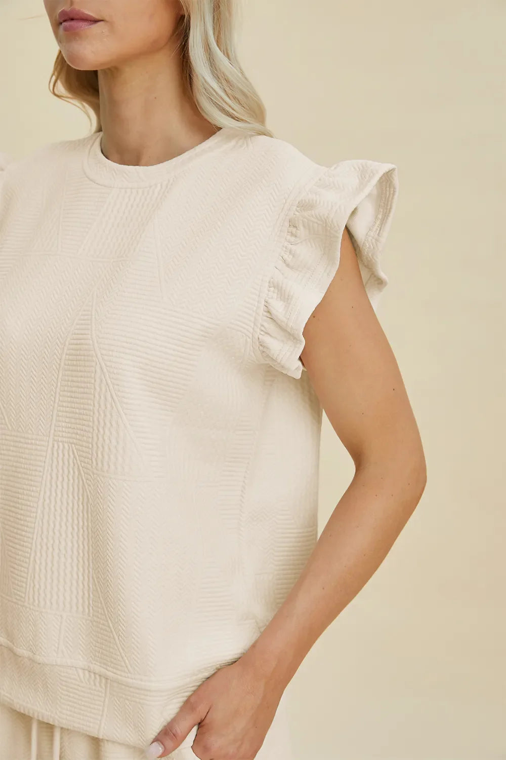 Double Take Full Size Texture Round Neck Ruffle Sleeve Top and Shorts Set West2East Surf