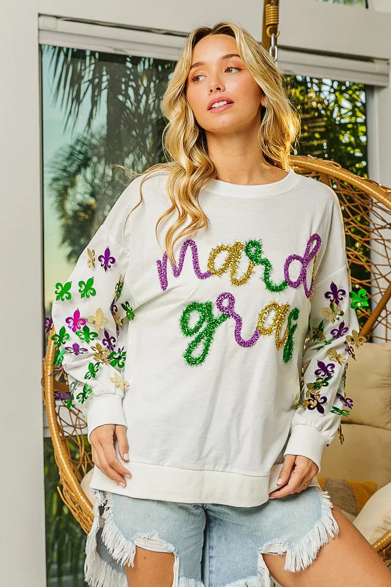 BiBi Fleur De Lis Sleeve Mardi Gras Pullover FitiqueFit