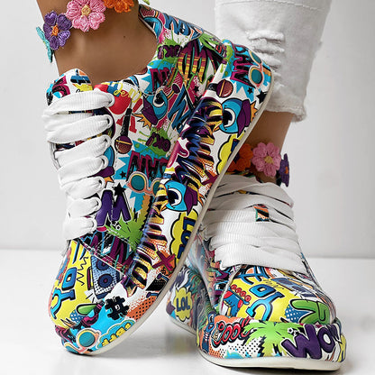 Round-Toe Thick-Sole Lace-Up Sneakers — Women’s Casual Print Shoes FitiqueFit
