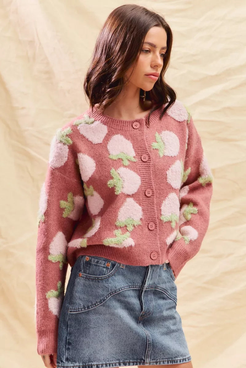 SO ME Strawberry Fruit All Over Button Sweater Cardigan FitiqueFit