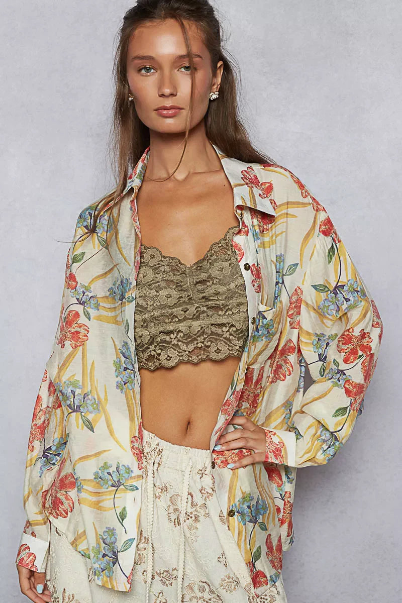 POL Floral Print Button Down Long Sleeve Shirt West2East Surf