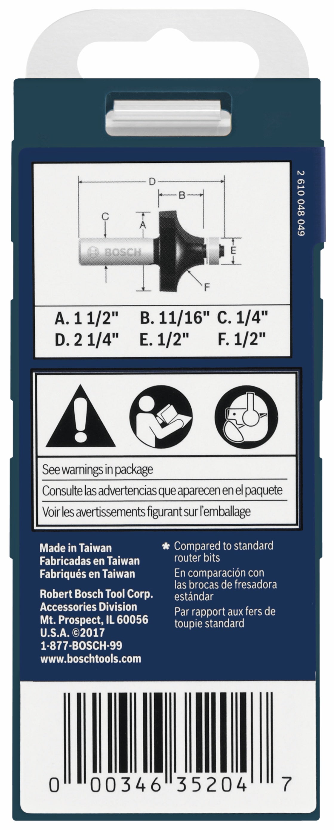 BOSCH 85297MC 1/2 In. x 11/16 In. Carbide-Tipped Roundover Router Bit VM Hardware