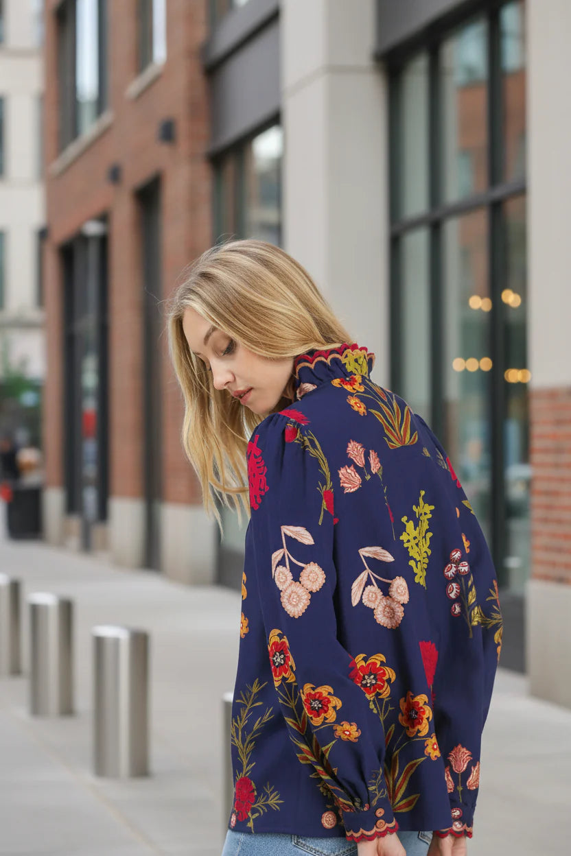 Umgee Flower Print Blouse with Scalloped Neckline FitiqueFit