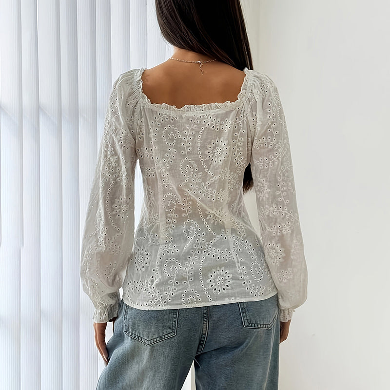 Women’s Square Neck Eyelet Lace Blouse – Puff Sleeve Hollow-Out Button Top FitiqueFit
