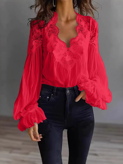 Lace-Panel Puff Sleeve Pleated Ruffle Shirt | Ballet Style FitiqueFit