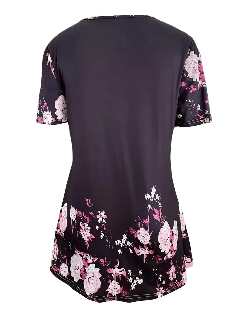 Women’s Printed Faux Two-Piece V-Neck Short Sleeve Top FitiqueFit
