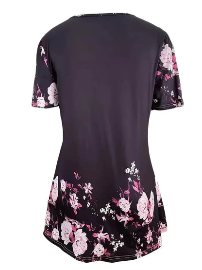 Women’s Printed Faux Two-Piece V-Neck Short Sleeve Top FitiqueFit