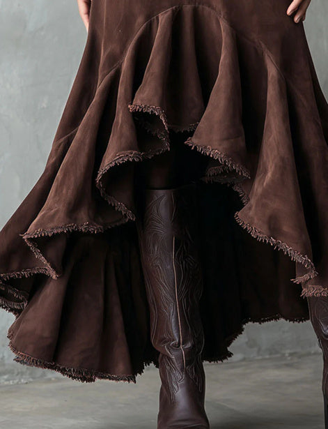 Western Brown High-Low Eco Suede Ruffle Maxi Skirt Grayceful LLC
