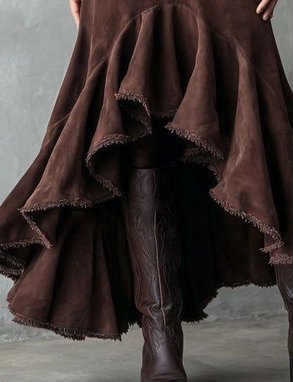Western Brown High-Low Eco Suede Ruffle Maxi Skirt Grayceful LLC