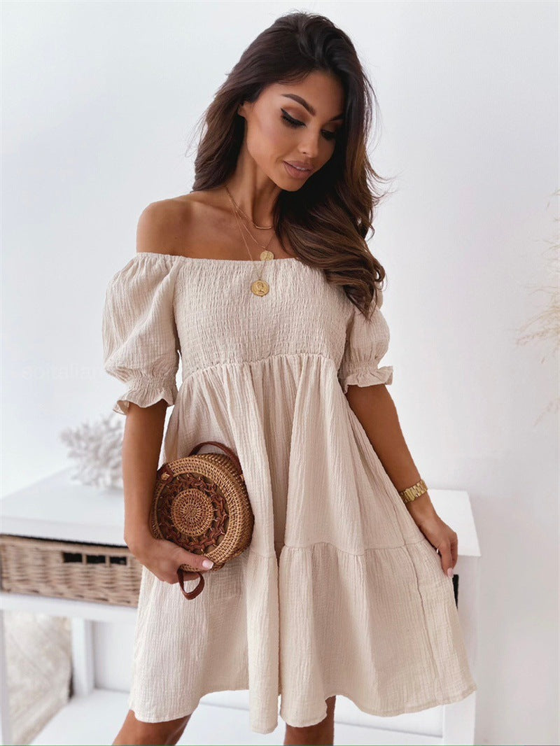 Casual One Word Collar Wrinkle Puff Sleeve Mid Dresses FitiqueFit