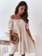 Casual One Word Collar Wrinkle Puff Sleeve Mid Dresses FitiqueFit