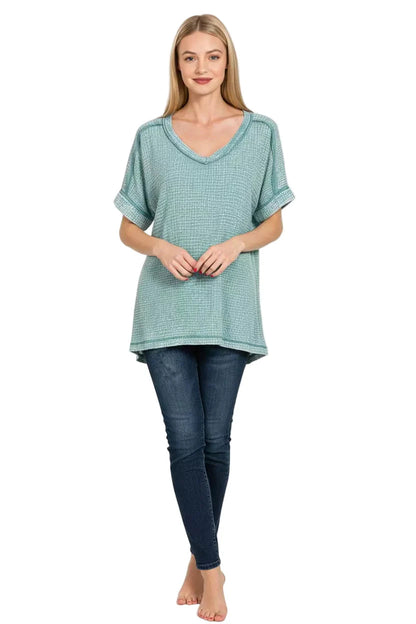 Zenana Acid Washed Double Gauze V-Neck Tee West2East Surf