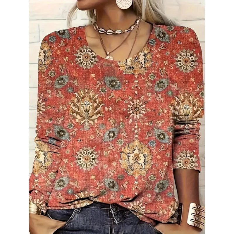 Women's Geometric Print Long Sleeve Loose Casual Tee FitiqueFit