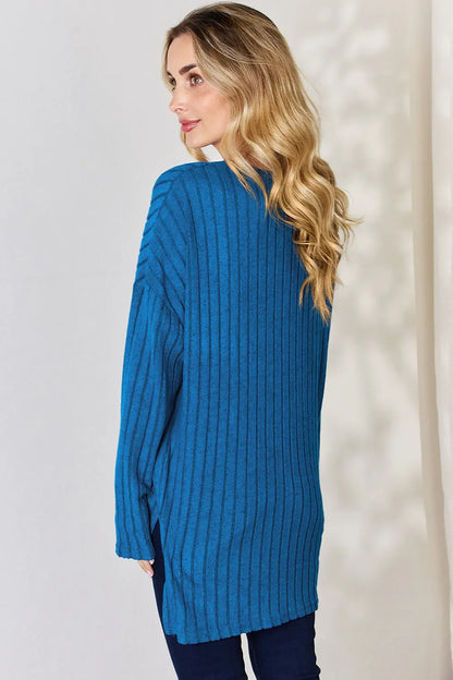 Basic Bae Full Size Ribbed Half Button Long Sleeve High-Low T-Shirt New Era Fashion LLc