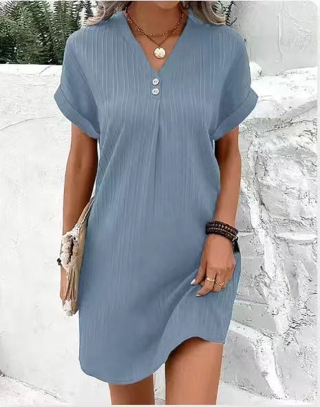 Button-Front V-Neck Dress – Short Sleeve Solid Casual Shirt Dress FitiqueFit