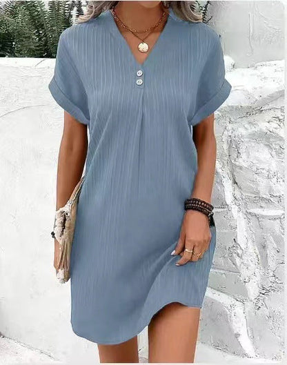 Button-Front V-Neck Dress – Short Sleeve Solid Casual Shirt Dress FitiqueFit