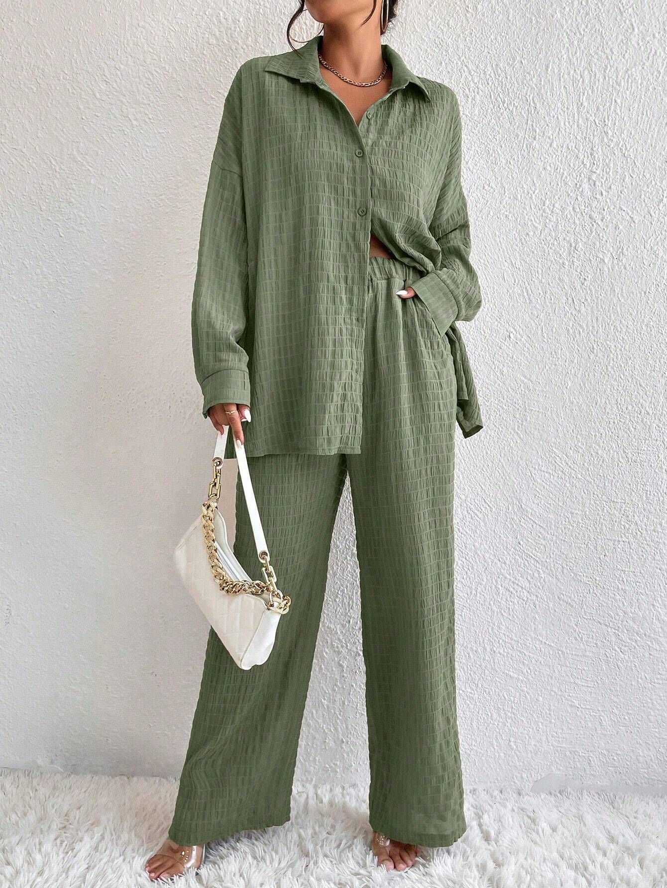 Women's Pleated Long Sleeve Lapel Two-Piece Set – Loose Top & Pants FitiqueFit