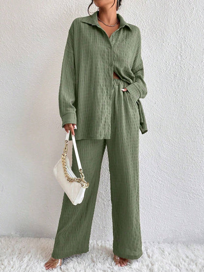 Women's Pleated Long Sleeve Lapel Two-Piece Set – Loose Top & Pants FitiqueFit