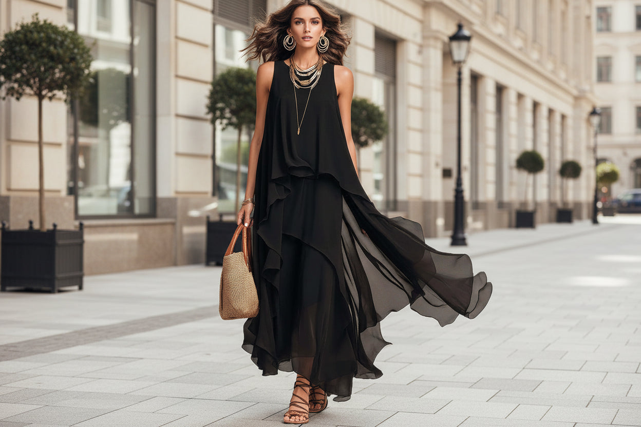 Asymmetrical Ruffle Mesh Chiffon Sleeveless Maxi Dress – Black, XS–XXL FitiqueFit