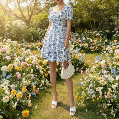 Ditsy Floral High Waist Flared Midi Dress – Short Sleeve Backless Summer Dress FitiqueFit