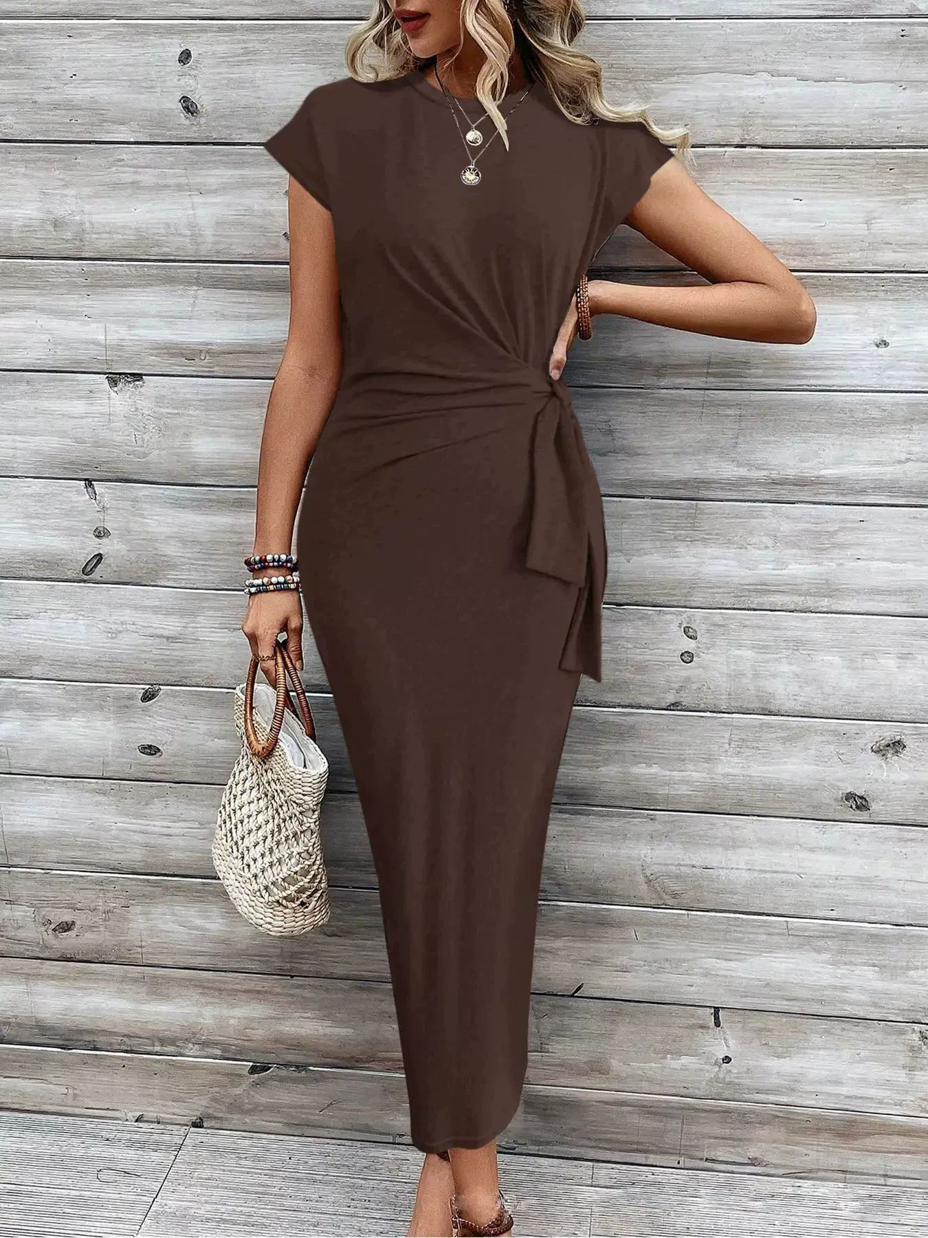 Elegant Waist Strap Striped Round Neck Short Sleeve And Long Pattern Dress Grayceful LLC