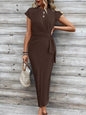 Elegant Waist Strap Striped Round Neck Short Sleeve And Long Pattern Dress Grayceful LLC