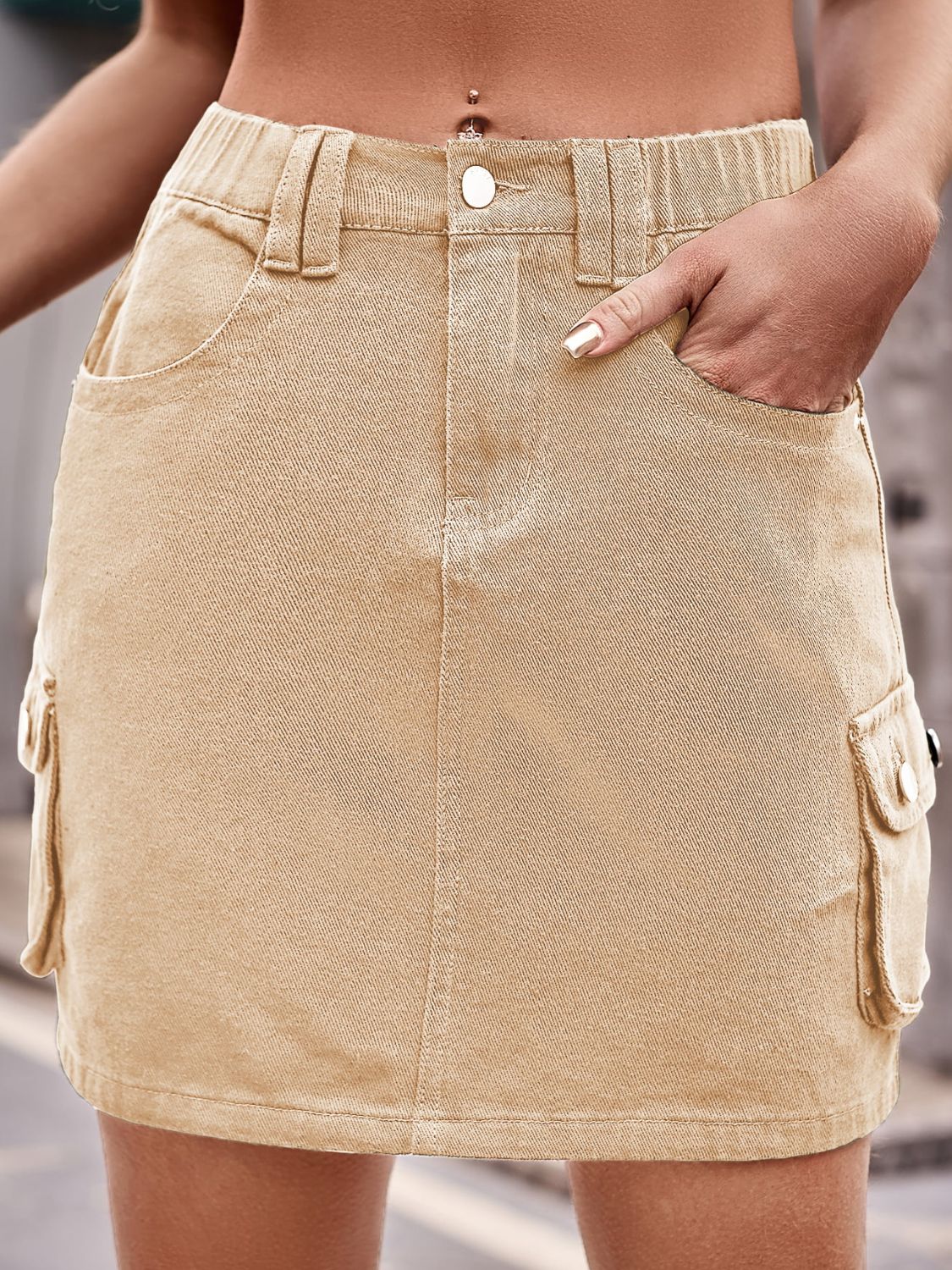 Denim Mini Skirt with Pockets See size chart under “more details” The Fashion Celestial