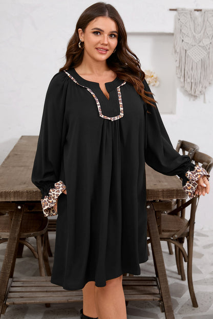 Black Plus Size Notched Neck Leopard Trim Flounce Long Sleeve Shift Dress Garden Naked Curves